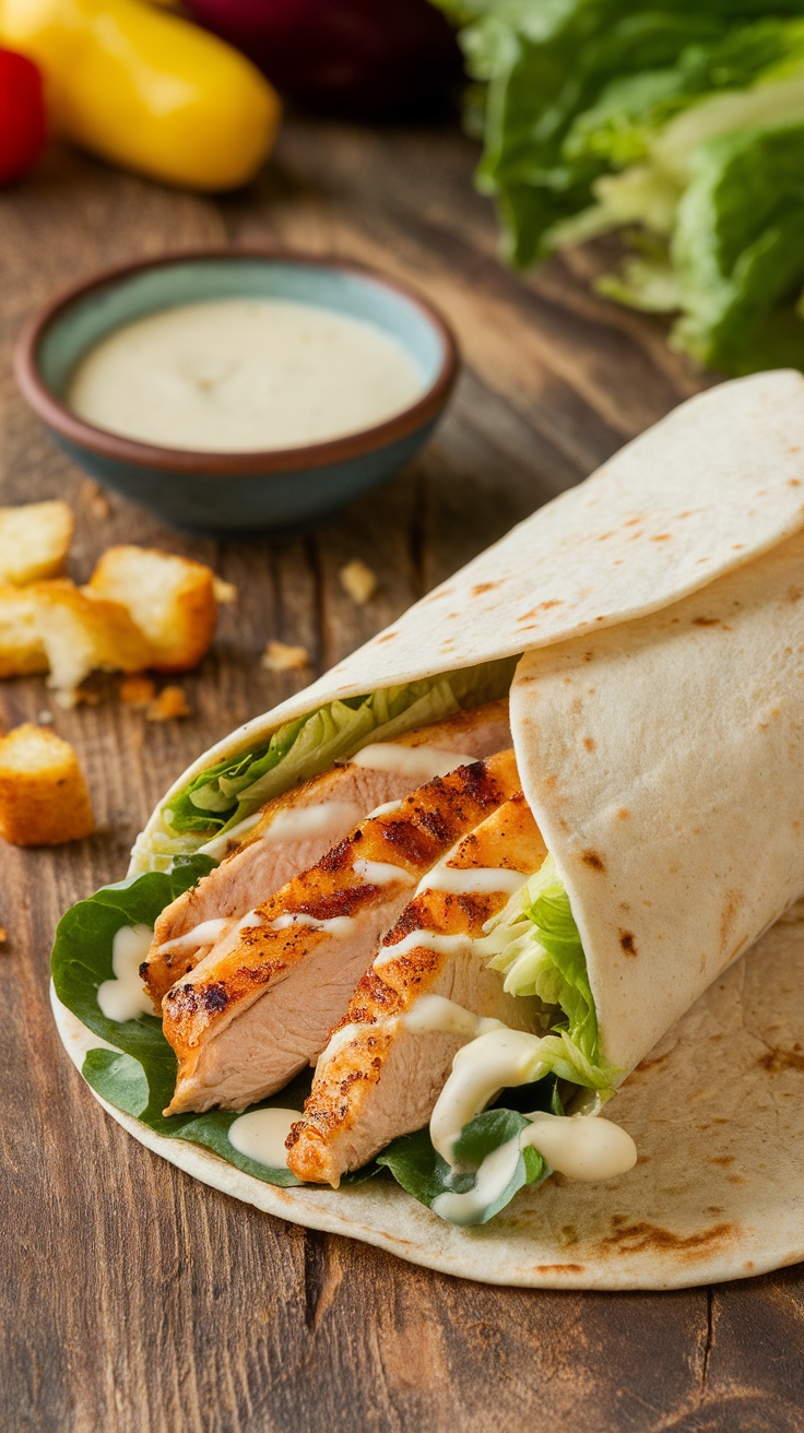 A hearty Chicken Caesar Wrap with grilled chicken, romaine lettuce, and Caesar dressing on a wooden table with croutons.